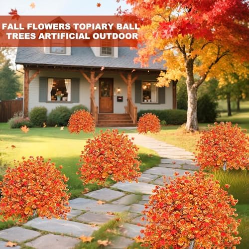 2 Pack Artificial Boxwood Topiary Ball Trees with Fall Flowers & Ground Spikes for Outdoor, UV Resistant Artificial Shrubs Faux Plants Fake Bushes Look Real for Garden Porch Yard Patio