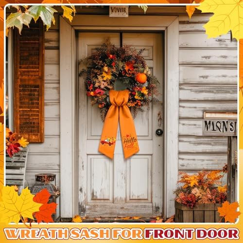 VitalCozy Hello Fall Wreath Sash for Front Door, Orange Satin Ribbon Bow