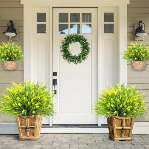 Sggvecsy 24 Bundles Artificial Plants Outdoor Faux Lavender Flowers Fake Monkey Grass UV Resistant Plastic Greenery Plants for Garden Home Porch Window Patio Hanging Planter Indoor Decor (Yellow)