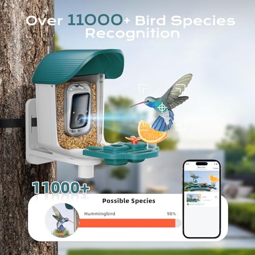 Bird Feeder with Camera Solar Powered, 2K HD Birds Feeder Camera for Outdoors, Instant Motion Detection & Alerts, AI Smart Identify Birds Species, Gifts for Mom Dad and Bird-Lovers(Cyan-Blue)