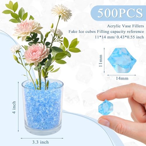 YATOJUZI 500pcs Fake Ice Cubes Sky Blue Acrylic Crushed Rocks Vase Fillers Plastic Diamonds Gems for DIY Party Wedding Centerpiece Table Scatter Prop Display 0.5" (Only Sky Blue)