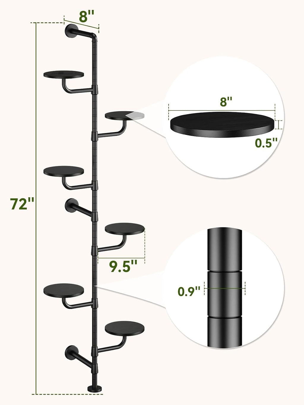 Plant Stand Indoor, Tall Wall Mounted Metal Pole, 6-Tier, Black | Rotating Wooden Board Plant Holder for French Window