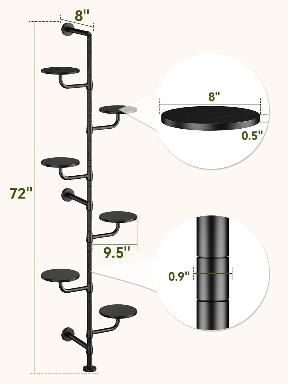 Plant Stand Indoor, Tall Wall Mounted Metal Pole, 6-Tier, Black | Rotating Wooden Board Plant Holder for French Window