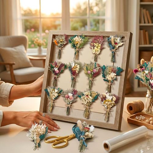 12/24PCS Handmade Dried Flower Bouquet with Stems Natural Dried Wildflowers 7.5 Inch Mini Dry Flowers for Vase Farmhouse Decor, Wedding Styling, Photography Props, Gift DIY(12pcs, Bright)