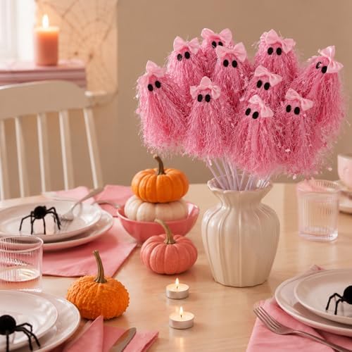 Suncalla 12 Pcs Halloween Pink Ghost Stems 12 Inch Cute Glitter Ghost Picks