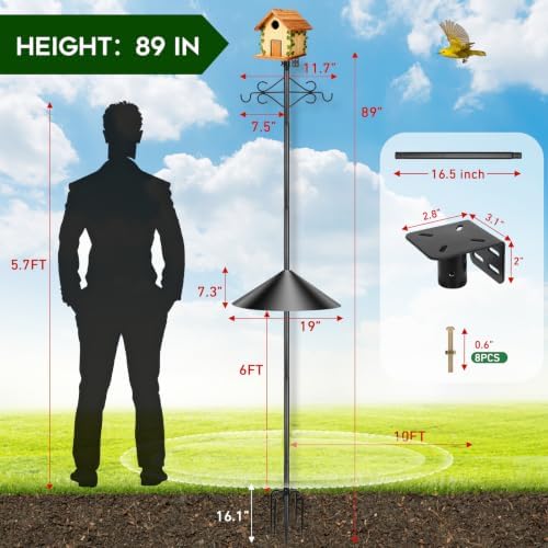 Gbekery 89’’ Bird Feeder Pole Heavy Duty with Squirrel Baffle & Double-Hook