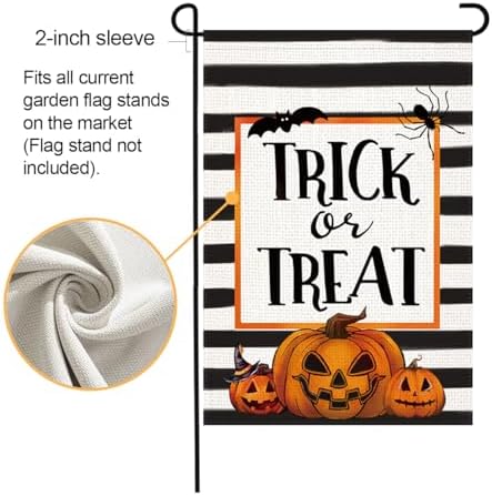 LosFong Trick or Treat Halloween Garden Flag 12x18 Inch Double Sided Burlap Scary Halloween Pumpkin Bat Spider Stripes Farmhouse Small Yard Flag for Outside Decoration (Halloween)