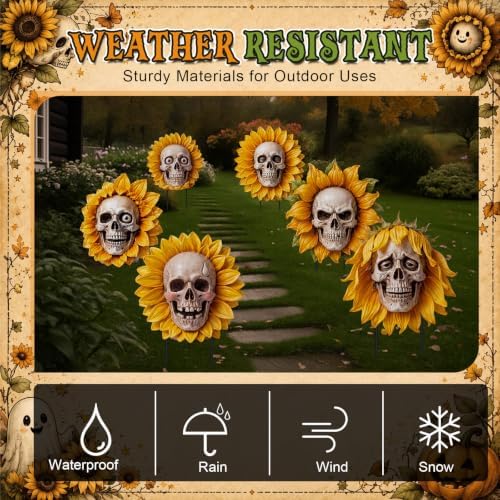 AceOrbit 6 Pcs Halloween Sunflower Skull Outdoor Decor Yard Sign with Stake