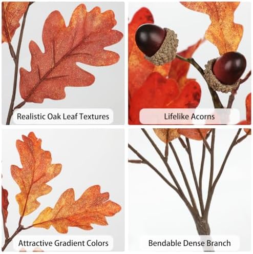 Faux Oak Leaf Branches with Acorns, 2Pcs Fall Stems for Vase, Burnt Orange