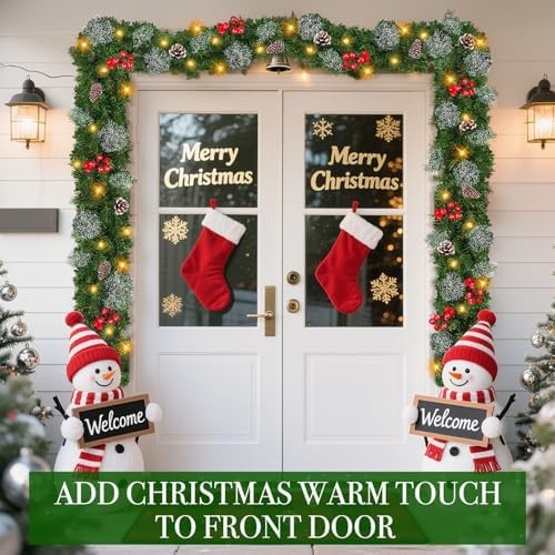 9 Foot by 10 Inch Christmas Garland - 50 LED Lights, Battery Operated Lighted Garland Wreath with Pine Cones Red Berries Lush Branches, Prelit Garland Xmas Decoration Indoor Outdoor Home Holiday