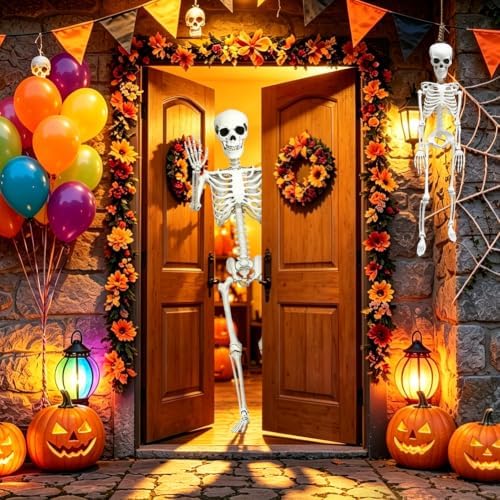 CAMIRUS 5.4ft & 3ft Posable Life Size Plastic Skeleton Halloween Decor