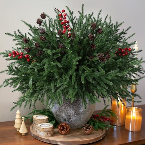 HyeFlora 17 PCS Christmas Norfolk Pine Stems with Small Pinecones and Red Berries Branches,19 Inch Real Touch Artificial DIY Greenery Pine Needles, Faux Cedar Pines Picks for Wreath Garland Xmas Décor