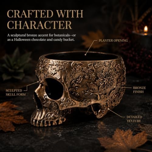 Halloween Skull Trick Or Treat Bowl Black Skeleton Planter Gothic Candy Pot