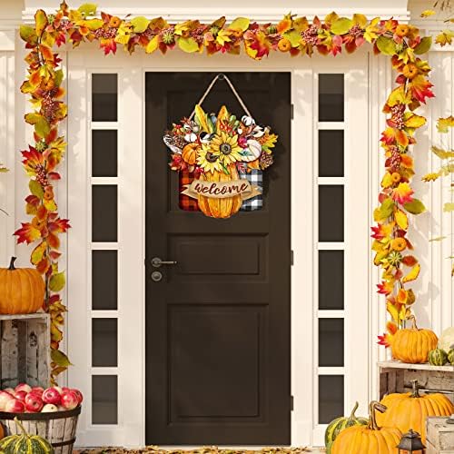 Capoda Fall Floral Welcome Sign Thanksgiving Wooden Hanging Door Sign Autumn Pumpkin Harvest Hanger Fall Welcome Decoration for Farmhouse Home Yard Seasonal Holiday Outdoor Decor,12nch(Plaid Style)