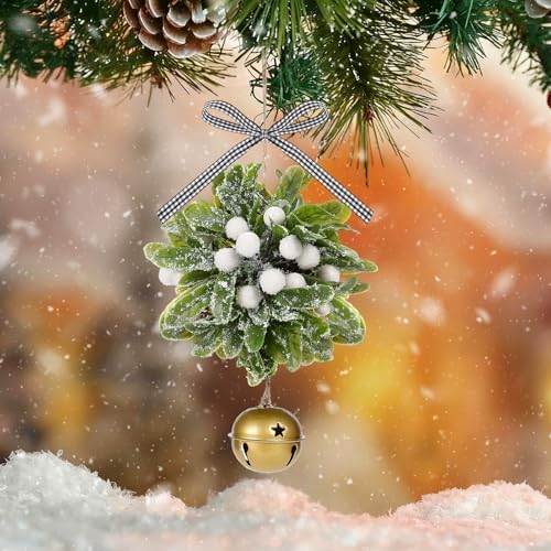 Forwe Mistletoe Christmas Decor Artificial Mistletoe Kissing Ball Ornament with Bell Bow Berries Hanging Christmas Decorations for Doorway Arch Light Fixture Xmas Tree (White)