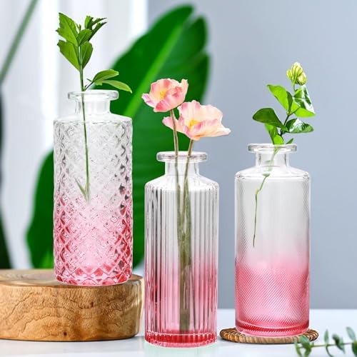 Pink Glass Bud Vase Set in Bulk, 9pcs Mini Vintage Flower Vases