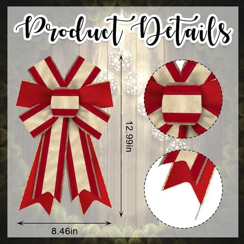 Hying 2 Pieces Christmas Bows for Wreath, Christmas Wreath Bow Glitter Red Golden Bows Winter Xmas Craft Bows Ornaments for Front Door New Year Christmas Party Decoration Supplies