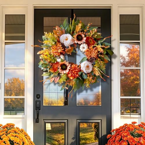 24 Inch Harvest Fall Wreaths for Front Door Outside with Sunflowers,Peony