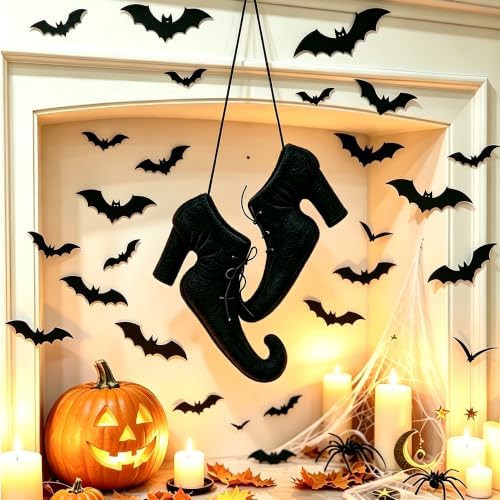 Halloween Witch Shoes Hanging Ornament 3D Witch Boot Decor with 24Pcs Bats
