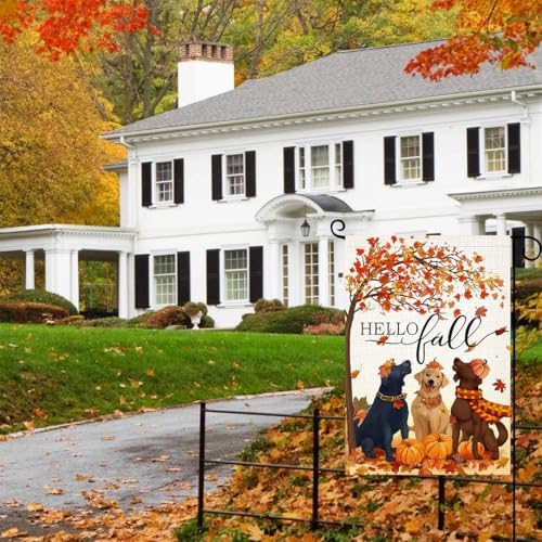 LosFong Hello Fall Dogs Garden Flag 12x18 Inch Double Sided Burlap Autumn Maple Leaves Pumpkin Farmhouse Small Yard Flag for Outside Decoration (Fall)