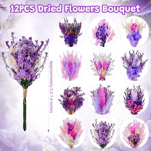 12/24 PCS Charming Dried Flowers Bouquet for Vase Various Dried Wildflowers with Stems Mini Handmade Wildflowers Natural Real Flowers Bulk Flowers Craft (Purple Series, 12 PCS)