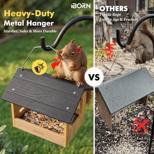 iBorn Pavilion Bird Feeder, Covered Platform Bird Feeder for Outdoors Hanging, WPC Recycled Plastic & Waterproof, Black