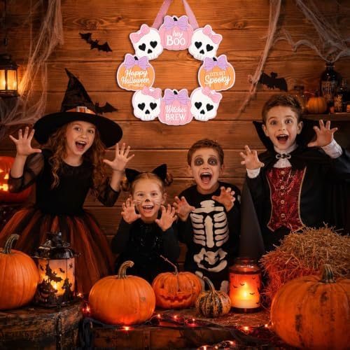 Pink Halloween Decor, Wooden Skull Pumpkin Bow Wreath Door Hanging Sign