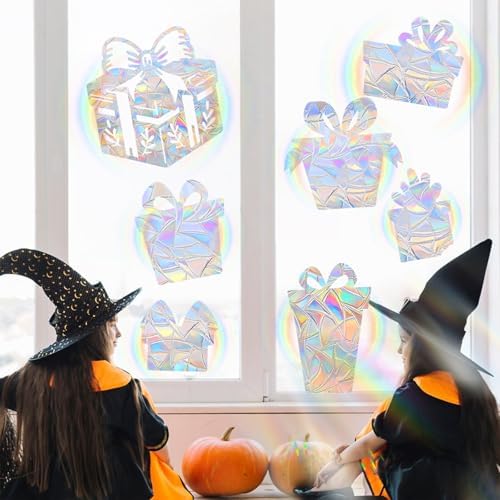 28PCS Thanksgiving Christmas Gift Box Window Clings Non Adhesive Rainbow Clings for Glass Window Decals to Prevent Bird Strikes Anti Collision Window Bird Stickers, Rainbow Sticker