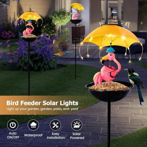 Solar Bird Feeders for Outdoors, Flamingo Garden Decor with LED Light