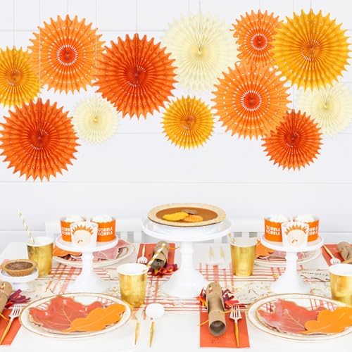 BestoFun 12PCS Orange Paper Fans Fall Party Decorations Tissue Paper Flowers Decorations for Girl Groovy Birthday Baby Shower Wedding Autumn Halloween Thanksgiving Room Wall Hanging Décor