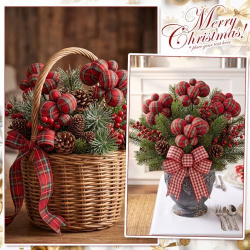 Daifunli 8 Pcs Buffalo Plaid Christmas Ball Tree Picks 7.87 Inch Xmas Picks