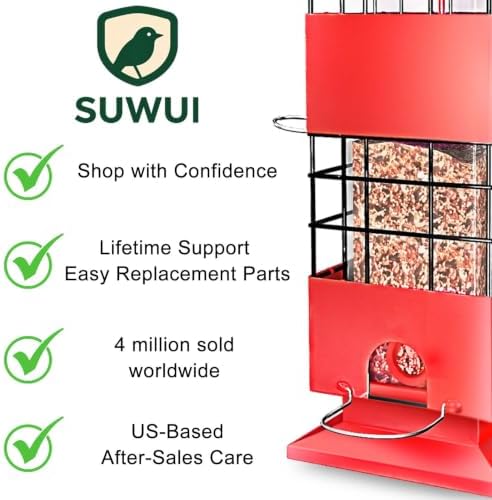 Squirrel Proof Bird Feeder, 3.5Lbs Metal Wild Bird Feeders Anti Squirrel with 4 Feeding Ports for Garden Bird Feeding Station Outdoors Hanging, Pigeon Resistant, Easy to Clean & Refill (Red)