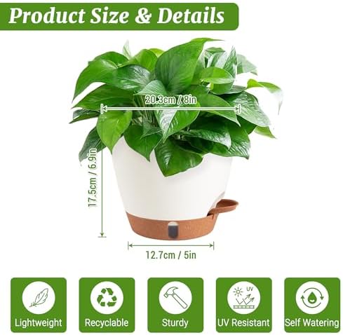 2 Pack 8 Inch Pots for Plants Indoor, Plastic Self Watering Planters