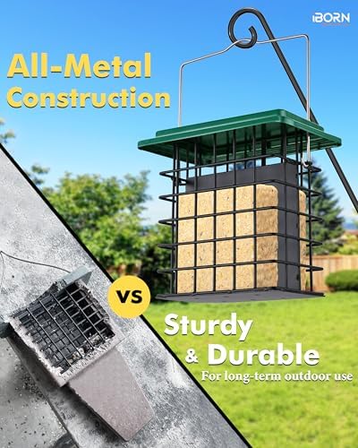 iBorn Double Suet Feeder- Metal Roof Bird Feeder with Taller Grid for Woodpeckers, Suet Cake Cage Bird Feeder for Outdoors Hanging,Easy-Clean & Refill,Green (2 Pack)