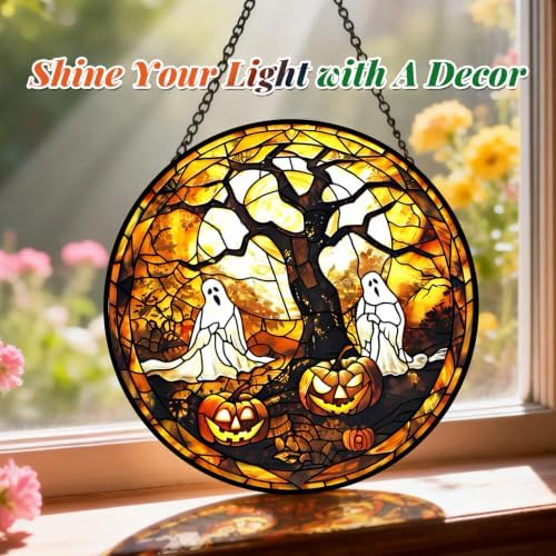 Ghosts Stained Glass Suncatcher Window Hanging Autumn Halloween Decoration