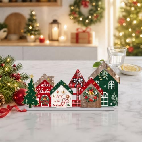 Smile Wooden Christmas House Tabletop Decor Rustic Plaid Cabin Xmas Tree Winter Farmhouse Centerpiece Sign