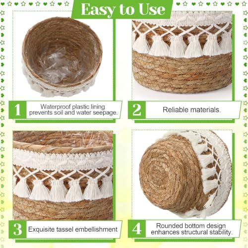 4 Pcs Straw Plant Baskets with Tassel, Indoor Rattan Woven Flower Baskets with Plastic Liner, Cattail Plant Planter for Indoor Outdoor Rustic Boho Home Farmhouse Floor Potted Pots Decor