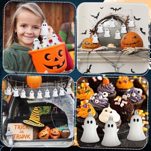 Lunmon 24 Pcs Classic Ghost Halloween Ornaments 2.2" Plastic with Rope