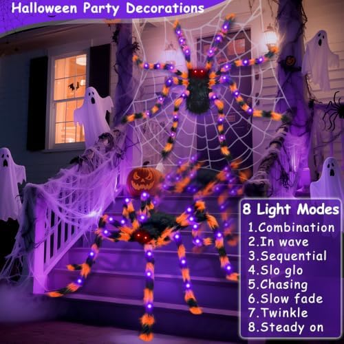 2Pack 50Inch Giant Halloween Spiders Decorations with 8 Modes 30 LED Lights