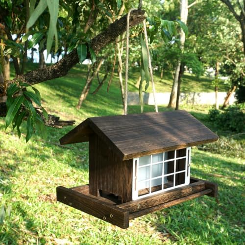 Hanging Wooden Bird Feeder with Suet Cage Fat Ball Holder for Wild Bird