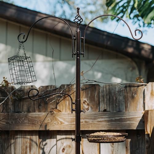 Backyard Expressions Heavy Duty Bird Feeding Station Kit w/Squirrel Baffle - 90" Bird Feeder Pole with 5 Prong Base, Suet Feeder, Mesh Feeding Tray, 4 Feeder Hooks, Water Dish - Black w/Gold Fleck