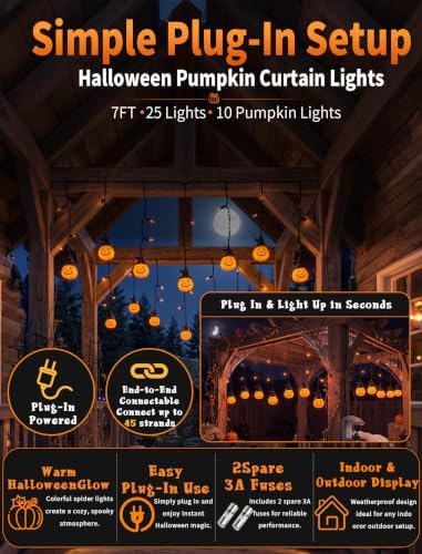 7FT Halloween Pumpkin Curtain String Lights Plug-in 25 LED Decor
