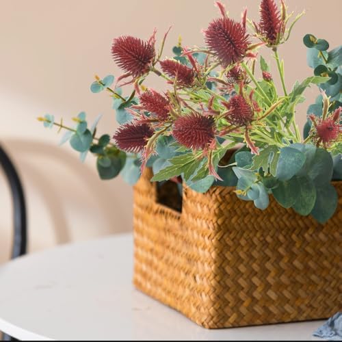Artificial Thistle Spray Eryngium Flowers 2pcs Artificial Real Touch Eryngium Artificial Sea Holly Flowers for Wedding Bridal Bouquet Wreath Table Centerpiece Outdoor Decor (Red)