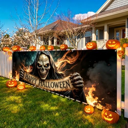 118"x35" Extra Large Happy Halloween Banner Big Spooky Halloween Backdrop for Giant Outdoor Yard Easy Hang with Ropes&Grommets–Perfect for Fence, Porch, Garden, Haunted House Party Signs (Fiery Skeleton, 118"x35")