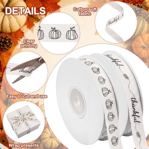 Wavwavw 20 Yards Thanksgiving Pumpkin Cotton Ribbon, 5/8 Inch, 2 Rolls