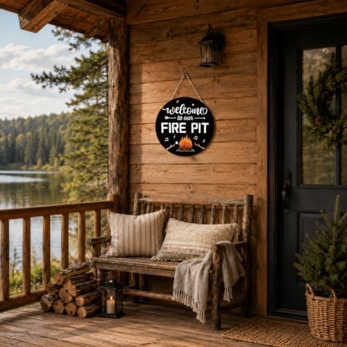 Smile Camping Wooden Round Door Hanger, Welcome to Our Fire Pit Campfire Music Note Arrow Door Sign for Outdoor Patio Porch Backyard Home Decorations