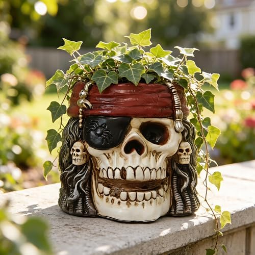 Skull Planter, Skulls Flower Pot, Skull Bowl, Skeleton Succulent Pots, Gothic Plant Pots with Drainage, Goth Statue Flower Pots, Indoor/Outdoor Pirate Figurine, Halloween Decoration, Funny Home Decor