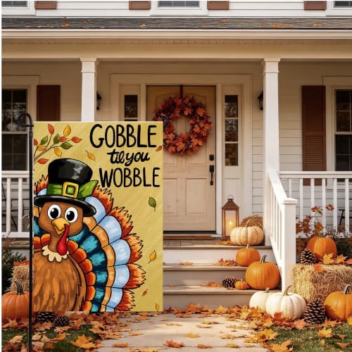 Thanksgiving Garden Flag 12x18 Inch Turkey GOBBLE WOBBLE Pattern