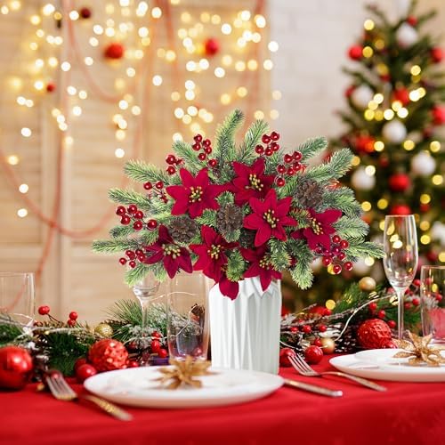 Sggvecsy 6Pcs Christmas Flowers Artificial Pine Branches Poinsettia Floral Picks 14’’ Red Berry Stems with Pinecones for Home Porch Garden Indoor Outdoor Holiday Xmas Decorations