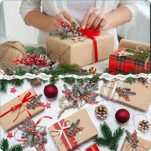 Yuxung 24 Pack Christmas Flower Picks Red Picks Pine Picks Set 11 Inch Pine Snowy Flower Berry Picks Artificial Pine Cones Holly Stem Craft Fake Berry Branches for Christmas Xmas DIY Tree Decor